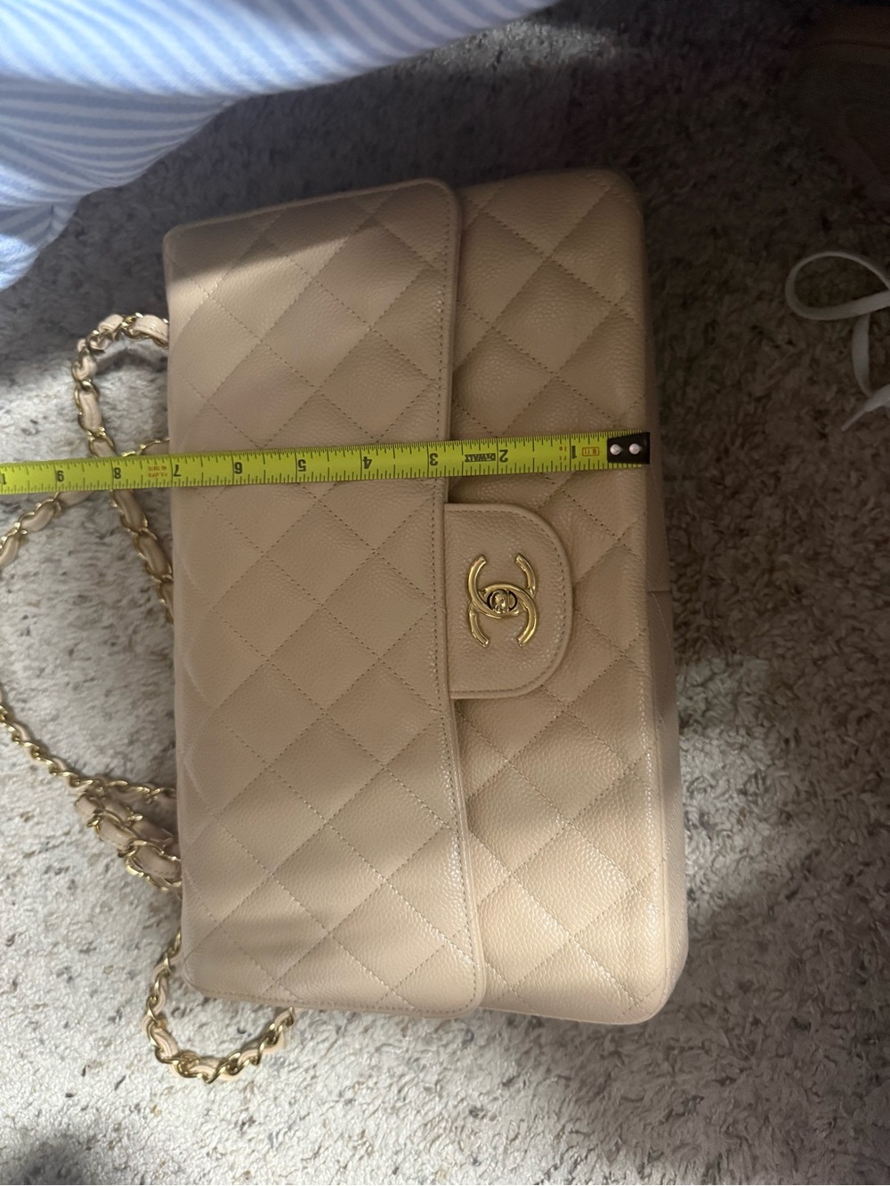 CHANEL Quilted Beige Caviar Leather Double Flap Shoulder Bag with Gold Hardware - Picture 10 of 11